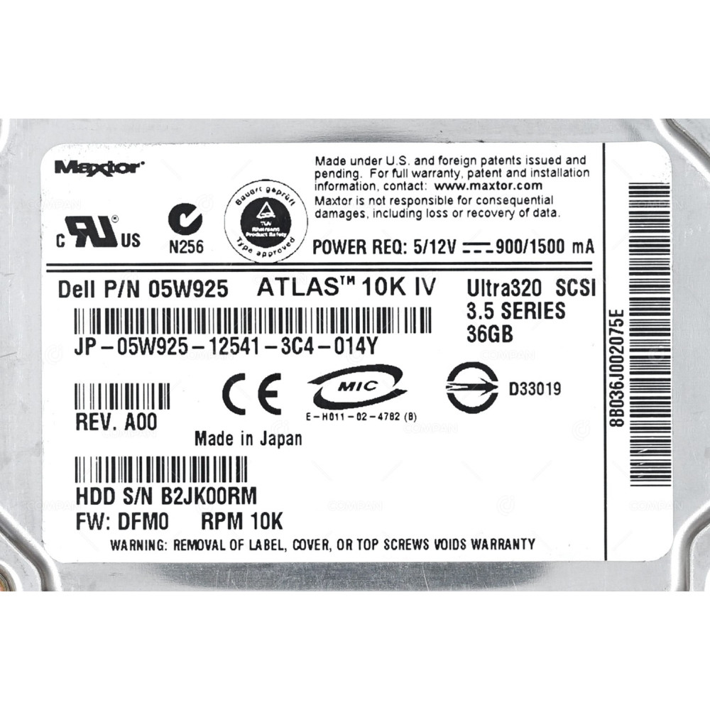 5W925 DELL HARD DRIVE 36GB 10K U320 3.5 SCSI HOT-SWAP